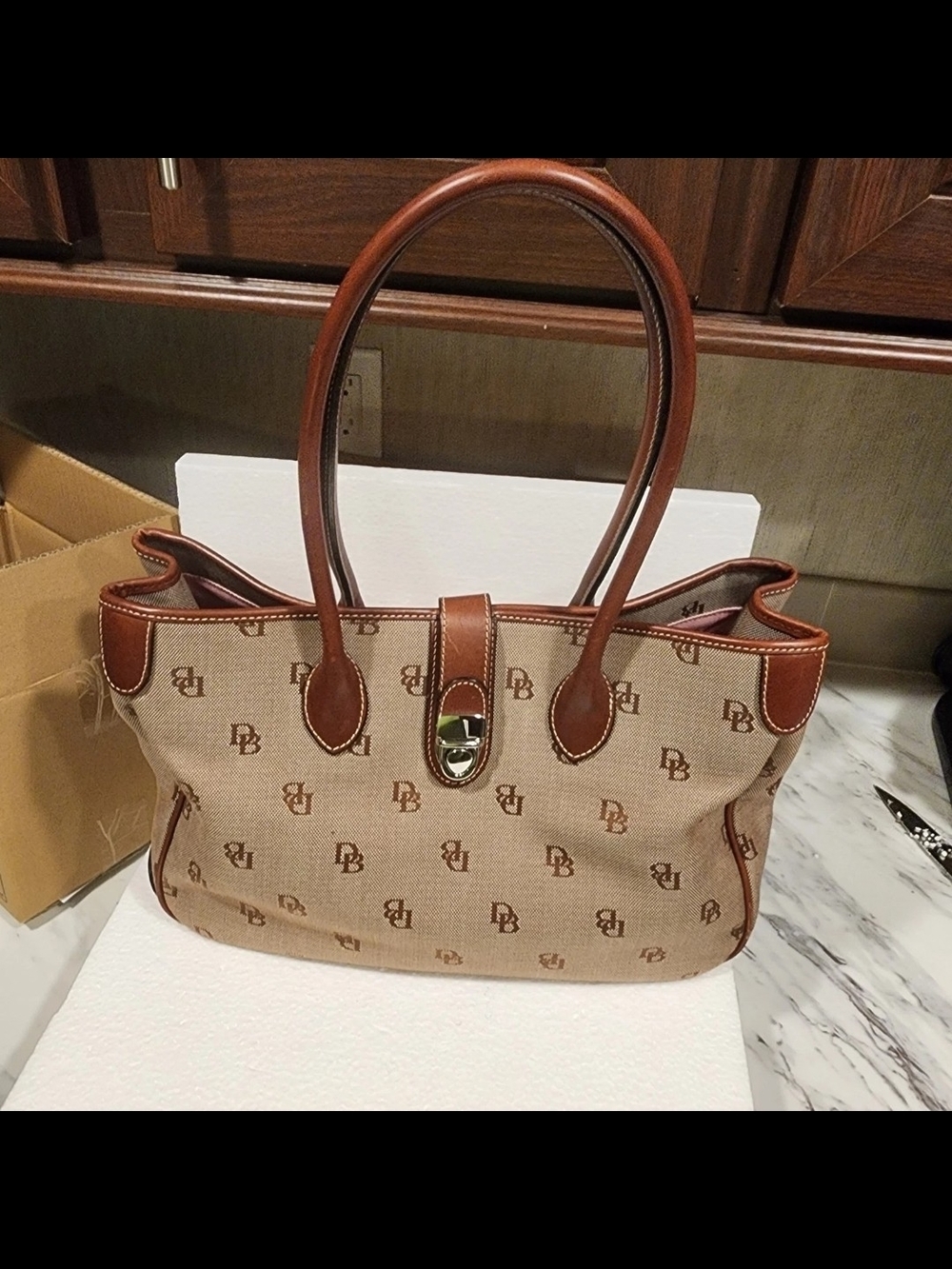 Dooney & Bourke Beige Monogram Tote with Brown Leather Trim
